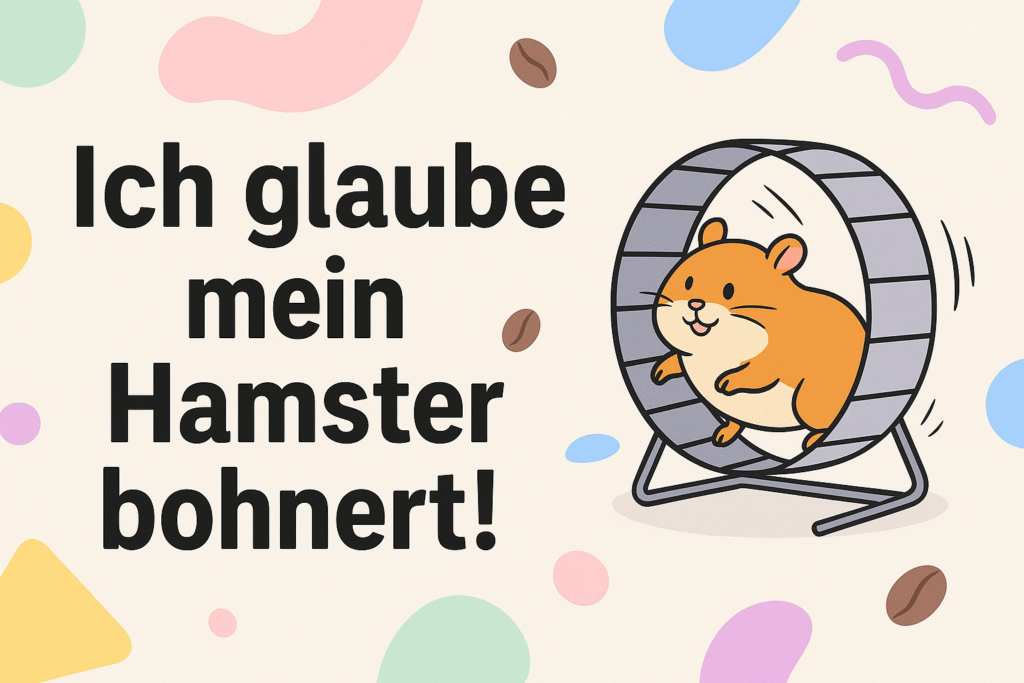 Orangefarbener Hamster im Laufrad mit dem Wortspiel 