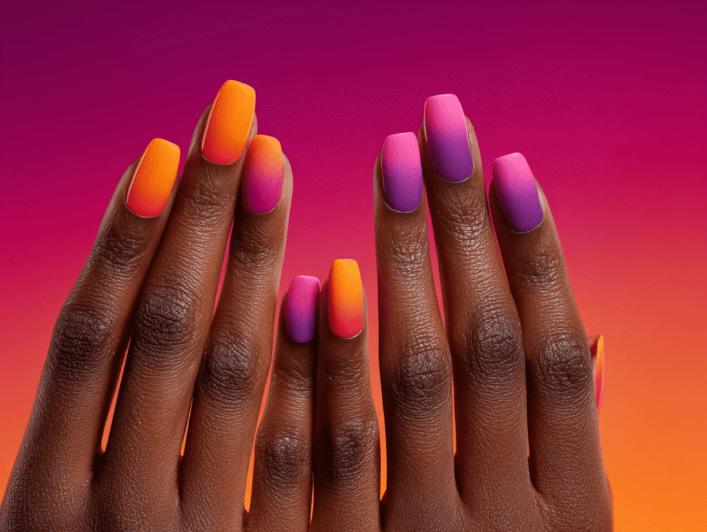 Dunkle Hände mit farbenfrohen Regenbogen Ombre Nägeln in Gelb, Orange, Pink und Lila