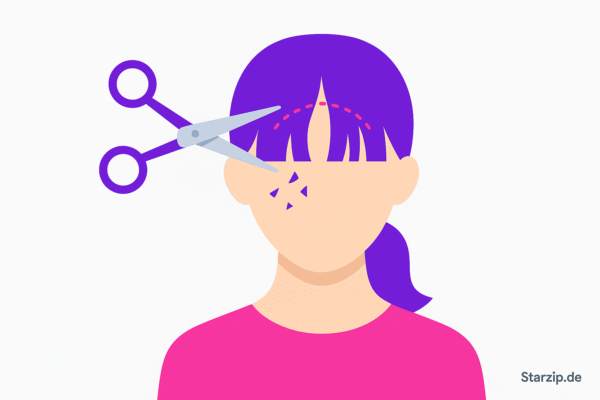 Illustration zeigt das Schneiden von Curtain Bangs A-Form mit Schere entlang gezackter Linie bei Person mit lila Haaren