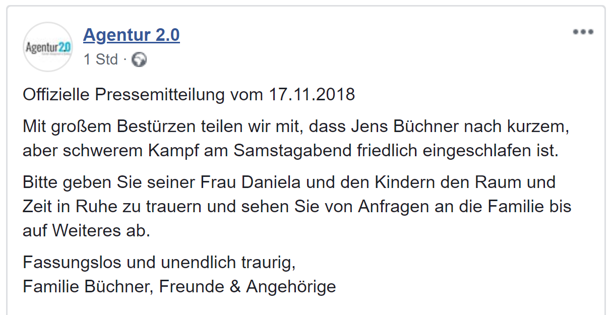 Jens Büchner tot Agentur 2.0 Bestätigt Tot von Jens Büchner Facebook