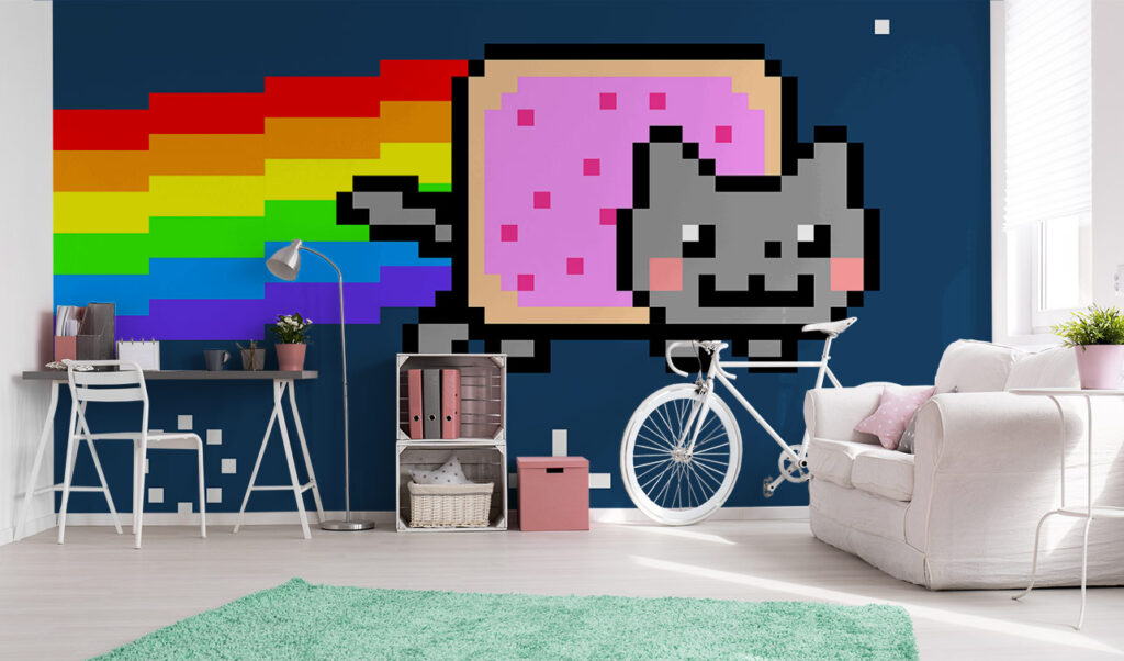 Grafische Fototapete mit Katze im Jugendzimmer