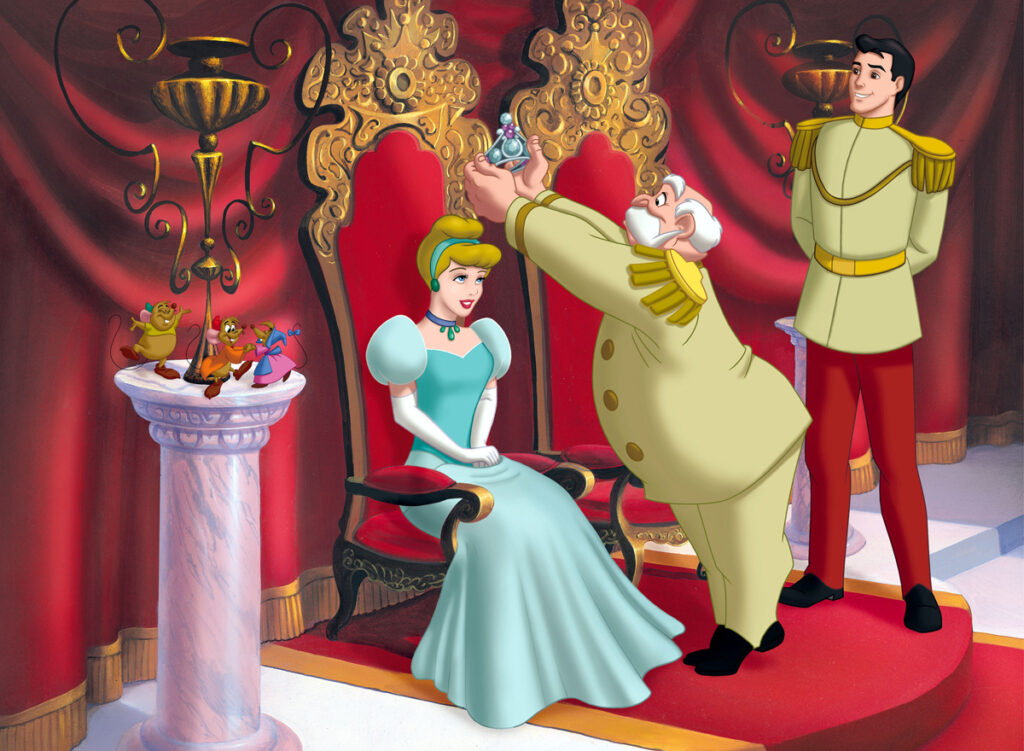 Disney Prinzessin Cinderella sitzt auf dem Thron bei ihrer feierlichen Krönung