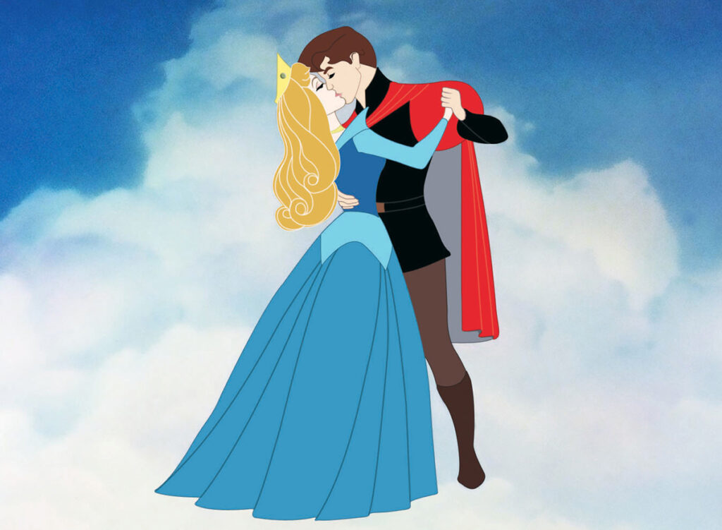Disney Prinzessin Aurora (Dornröschen) und Prinz Phillip küssen sich, nachdem sie aus dem tiefen Schlaf erwacht ist.