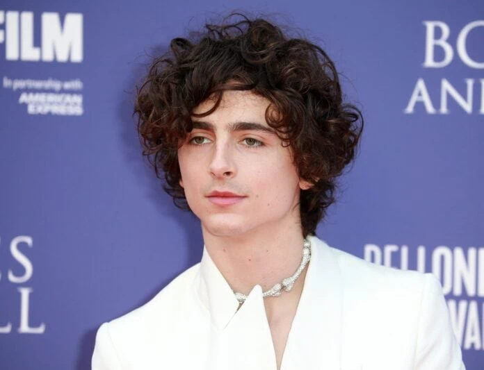 Timothée Chalamet in weißem Anzug mit Schmuckhalsband vor blauem Hintergrund bei einer Veranstaltung