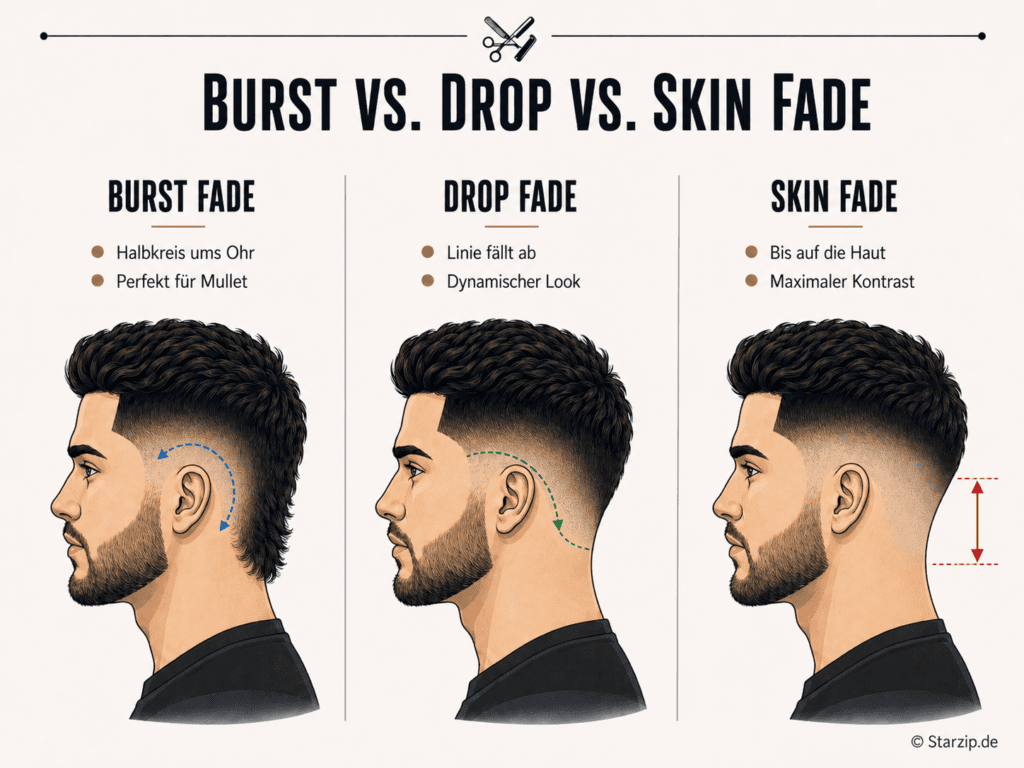 Illustration vergleicht Burst, Drop und Skin Fade im Seitenprofil