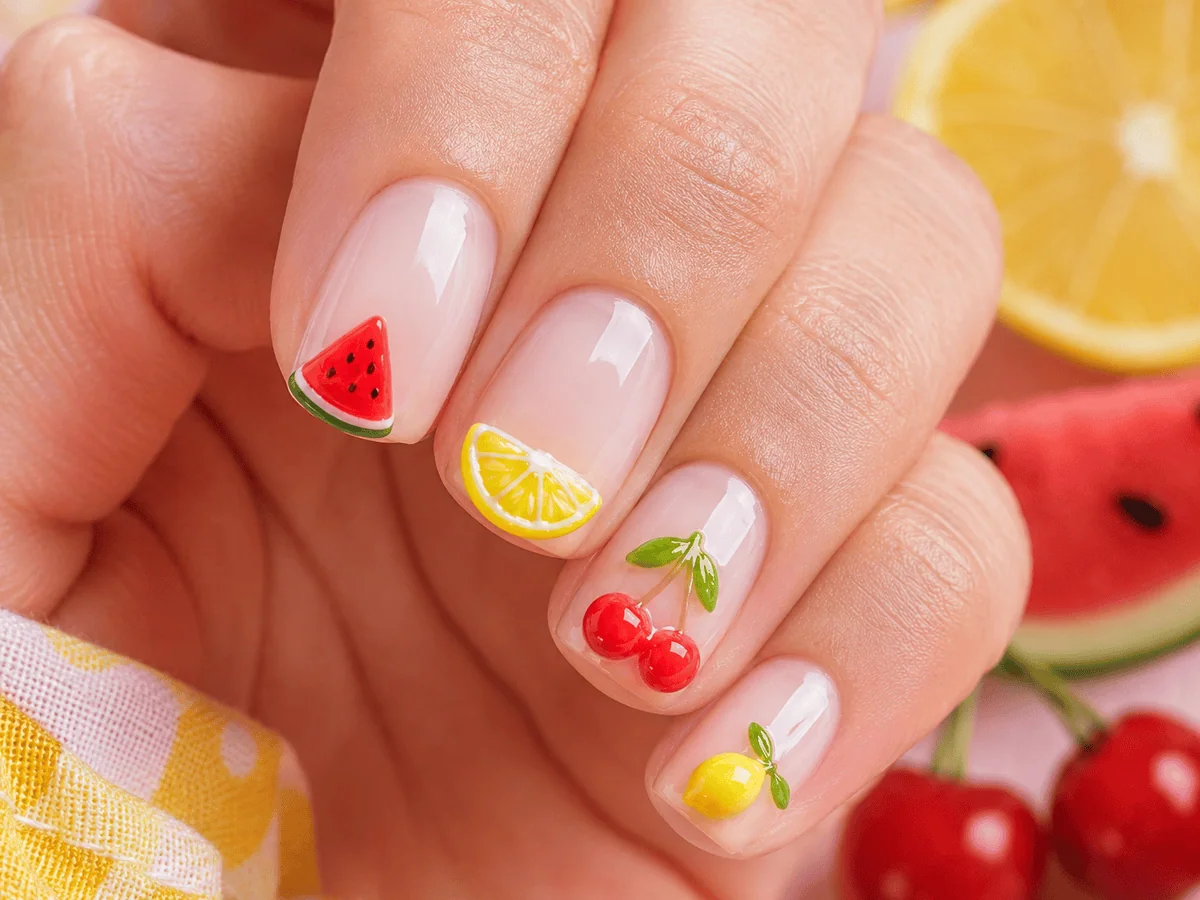 Kurze Nägel mit kleinen 3D-Früchten wie Melone und Kirsche im verspielten Fruit-Tips-Look