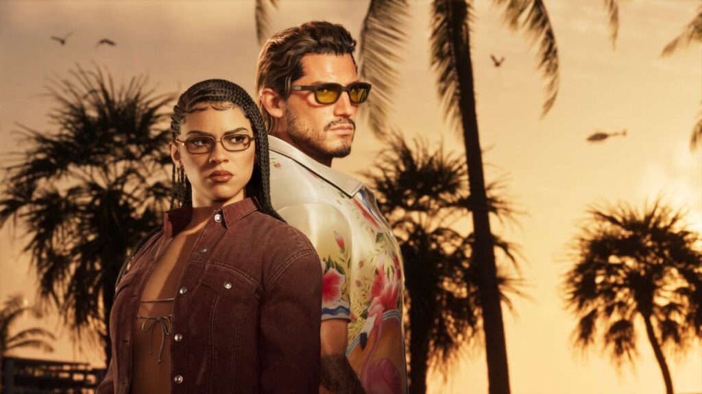 Jason und Lucia in tropischen Outfits vor der Skyline von Vice City