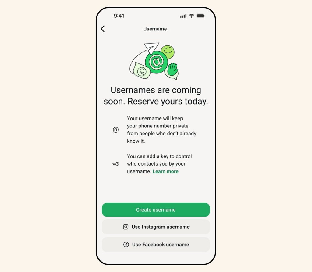WhatsApp-Startbildschirm für Nutzernamen mit Hinweis auf Username Key und Übernahme des Instagram-Namens
