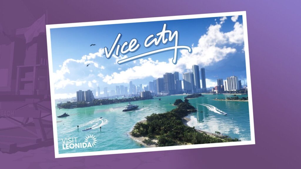 Stilisierte Vice-City-Postkarte mit Skyline und Strand
