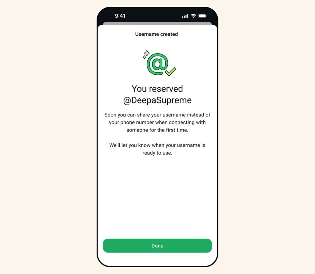 WhatsApp-Bestätigung „Username created